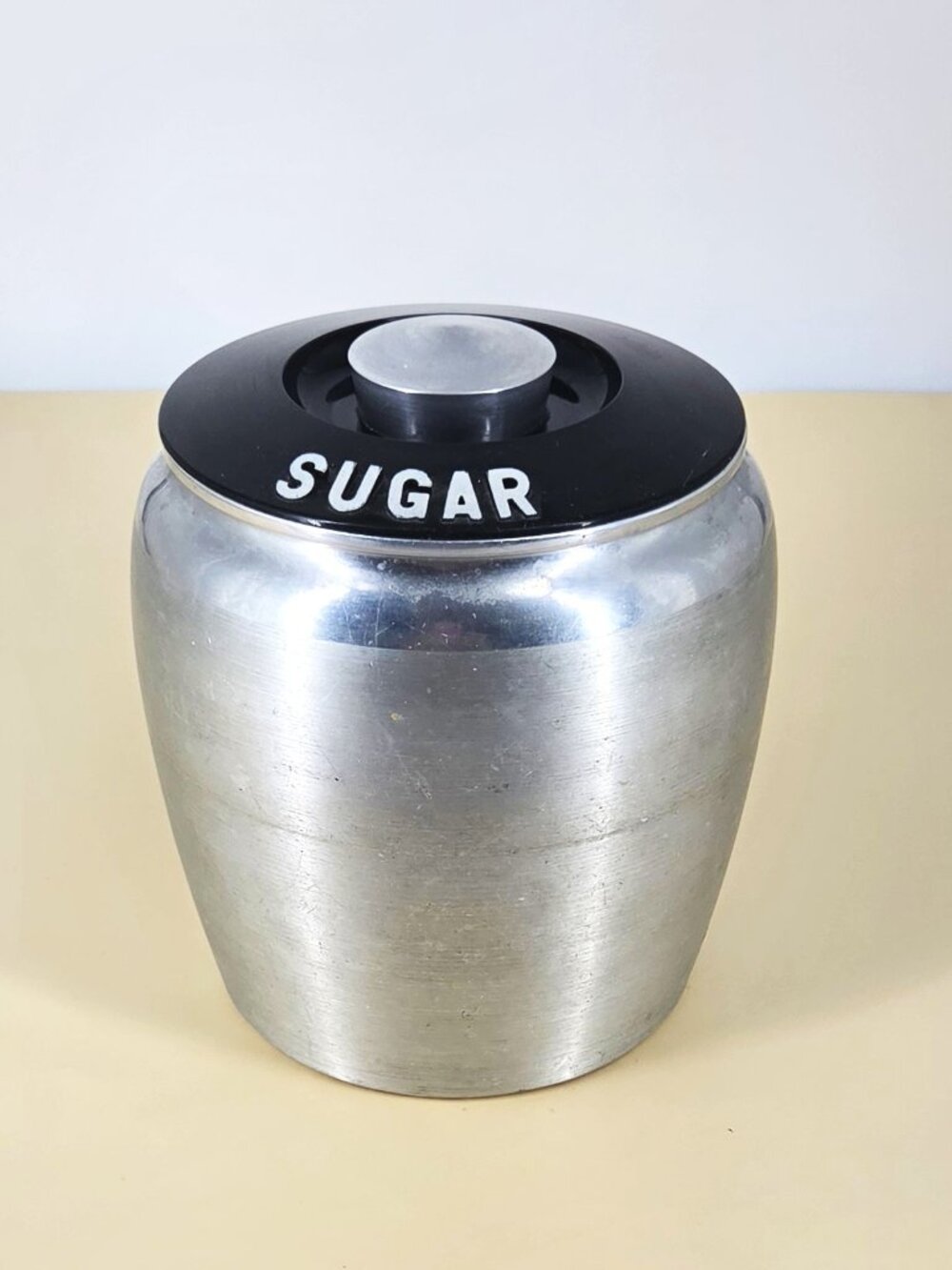 1950s Kromex Spun Aluminum Kitchen Sugar Cannister Black Lid Nice Condition 7"